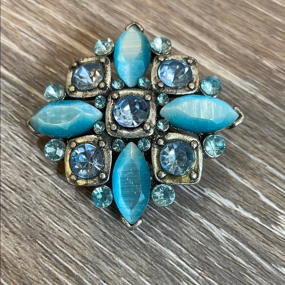Vintage Blue Brooch with Ornate Silver Detailing